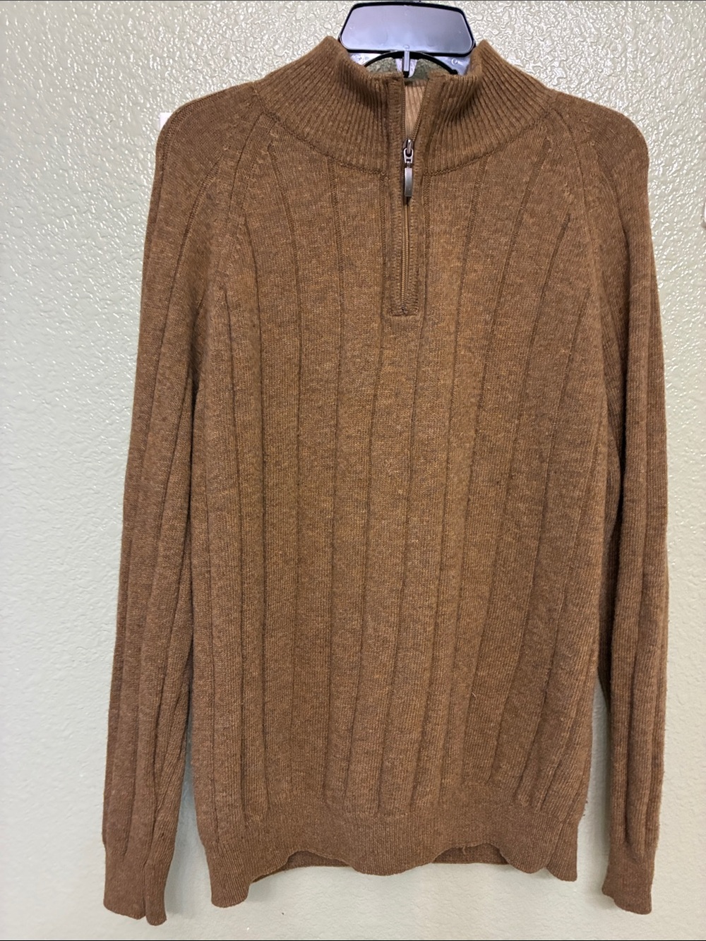 Made in Italy 100% wool Scott Barber Men's Brown Ribbed Half-Zip Sweater